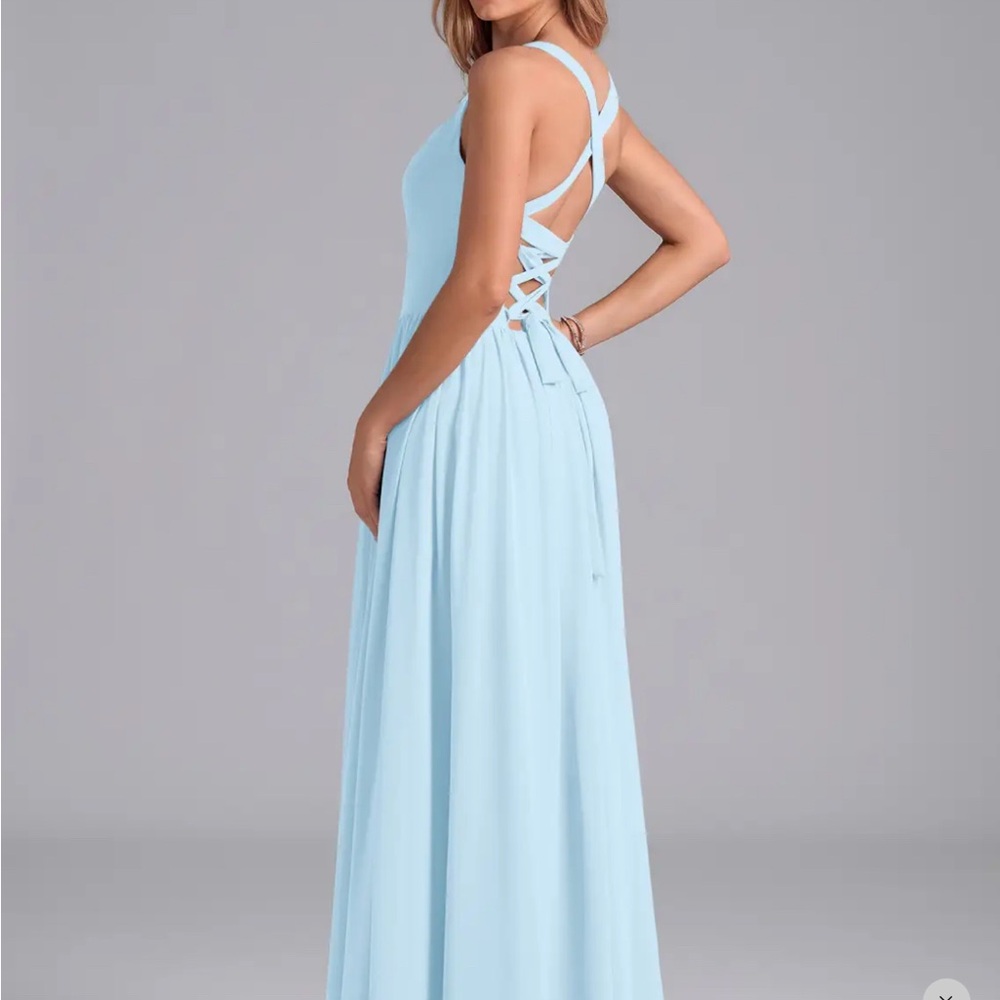 Azazie Francis Sky Blue Chiffon Drop Waist Corset Bridesmaid Dress Pockets Slit
